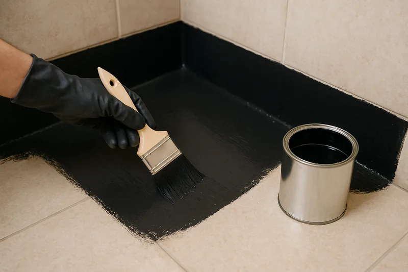 A gloved hand brushing a black waterproofing membrane across a shower corner and up the wall tiles, with a plain open tin beside it — shower leak repair, Newcastle and Lake Macquarie. Illustrative example.