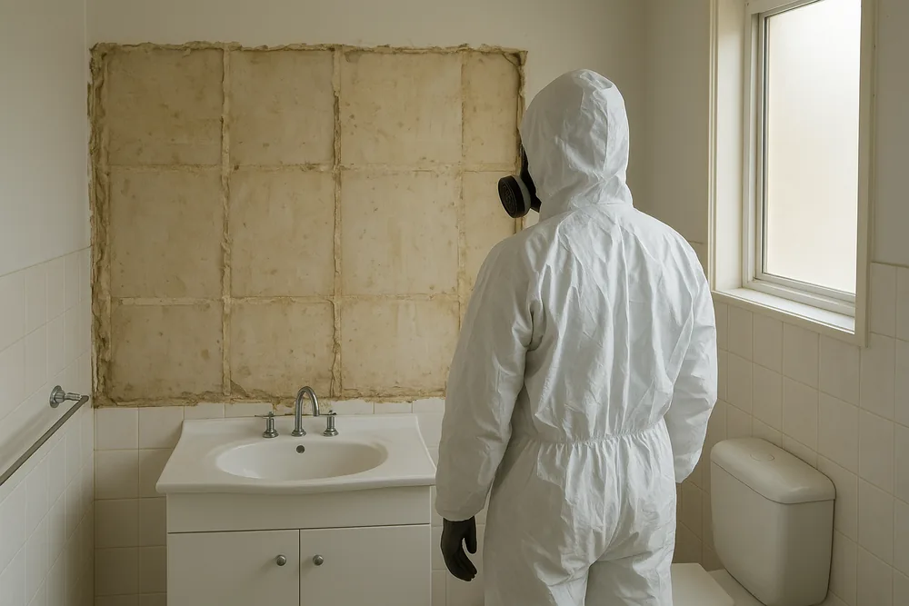 A person in a white disposable coverall and a half-face mask, seen from behind, looking at pale wall sheeting exposed where tiles have been removed above a vanity — shower leak repair in an older home, Newcastle and Lake Macquarie. Illustrative example.